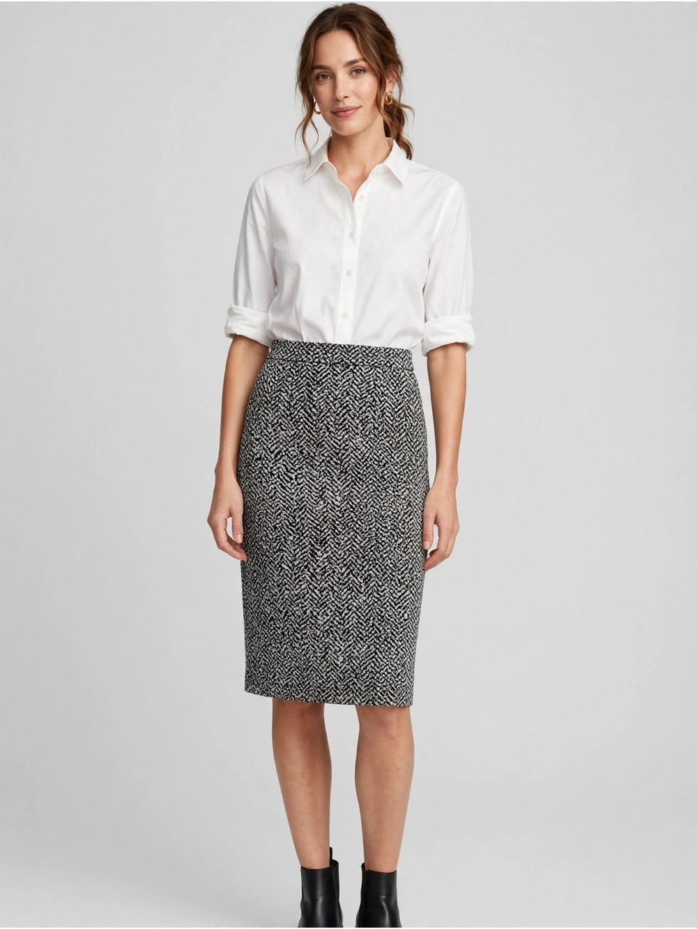 NY Collection Black & White Herringbone Pencil Skirt